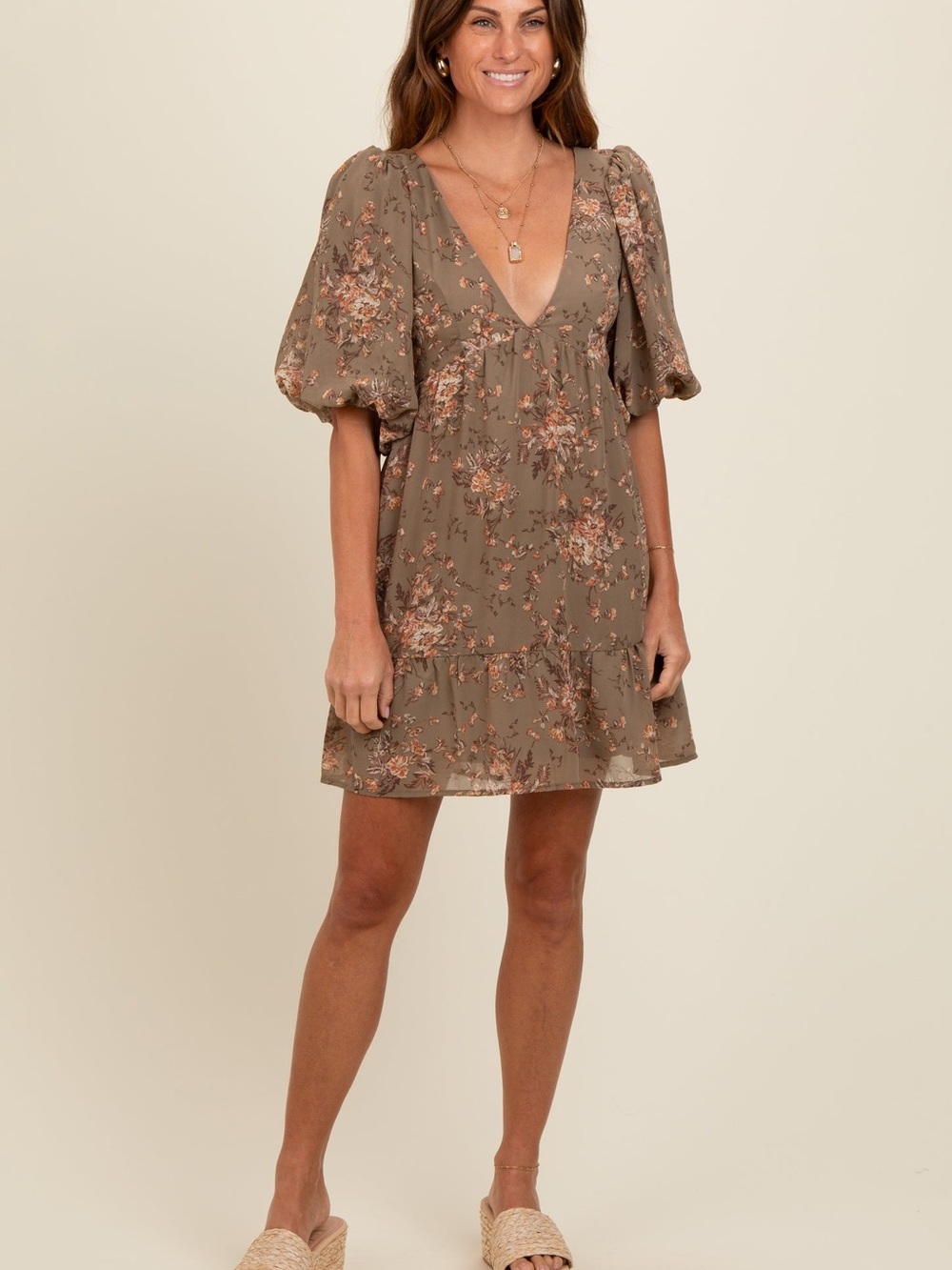 Olive Deep V-Neck Tie Back Floral Mini Dress